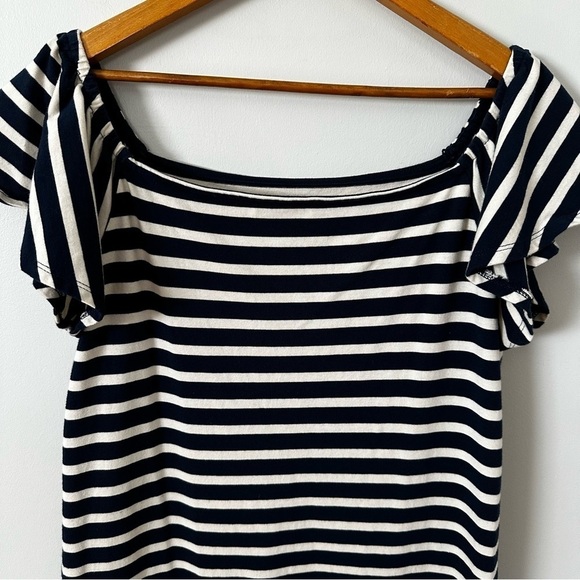 Size Large RALPH LAUREN NAVY BLUE STRIPED OFF-SHOULDER DRESS Summer Coastal - Picture 4 of 9